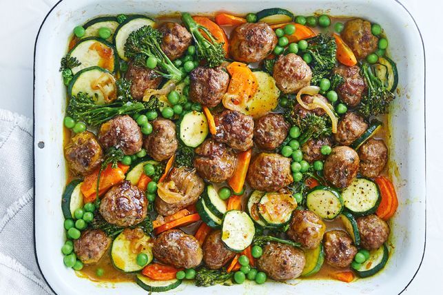 Curried sausage meatball tray bake recipe